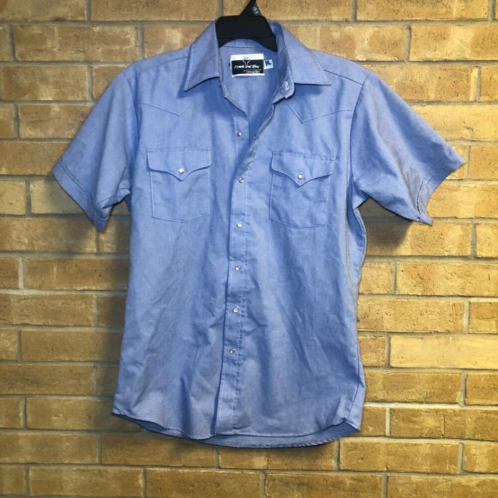 VTG Ranch And Town Mens Sz 16 Blue Pearl Snap Short Sleeve Western Shirt Cowboy